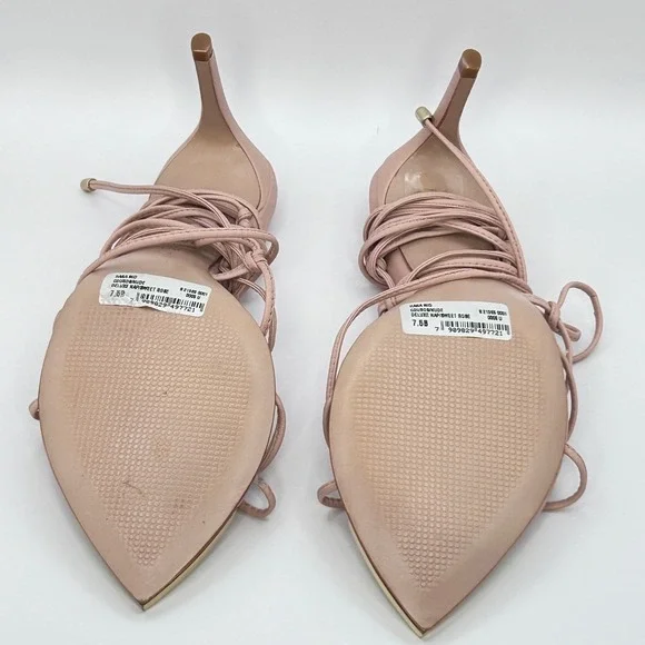 Schutz Hana Mid Sweet Rose Pink Leather Lace Up Gold Tip Pointed Toe Heels 7.5B - Picture 7 of 11